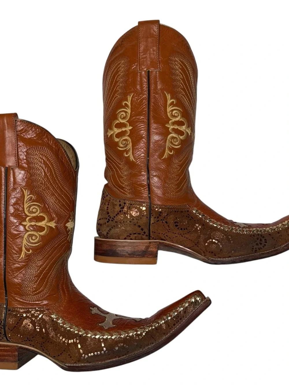 Vtg Laredo Leather Long Pointed Square Snip Toe Embroidered Cross Conquistador